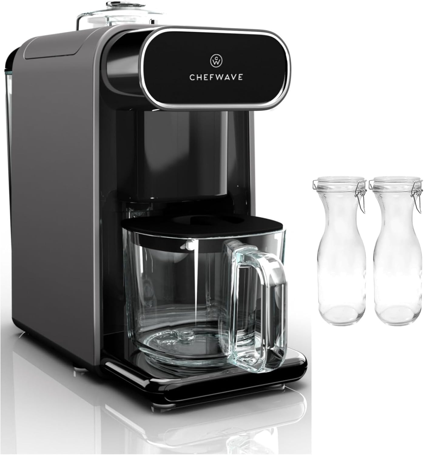 ChefWave Milkmade Soy Milk Maker (Silver/Black) with Resealable Glass Carafes (2-Pack) Bundle (3 Items)