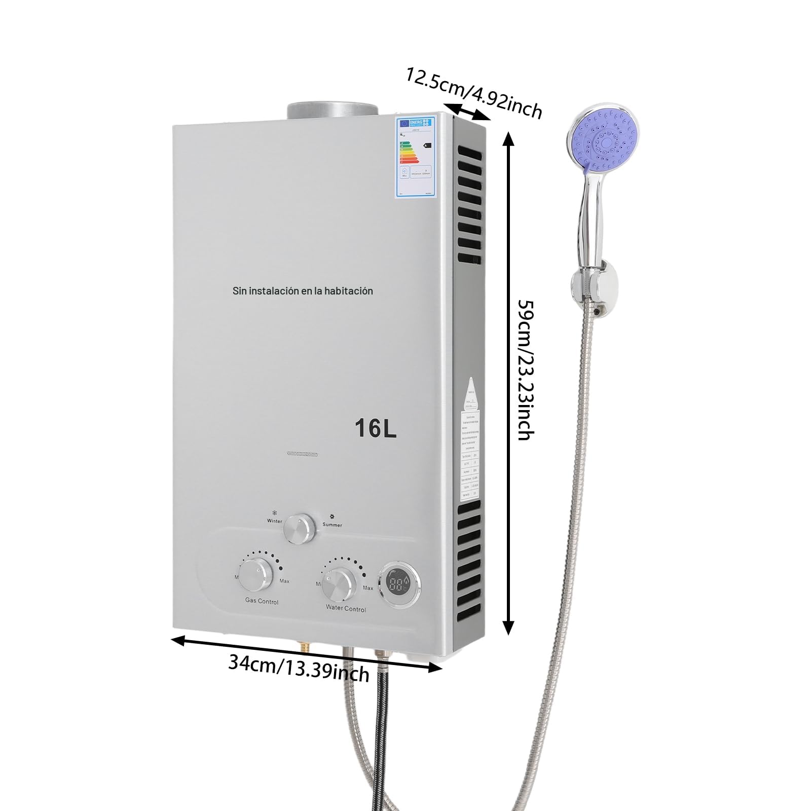 Calentador de agua de 32 kW LPG, capacidad de 16 l, agua caliente instantánea con cabezal de ducha y manguera, calentador de agua de gas portátil para camping, caravana y jardín, alta eficiencia (≥