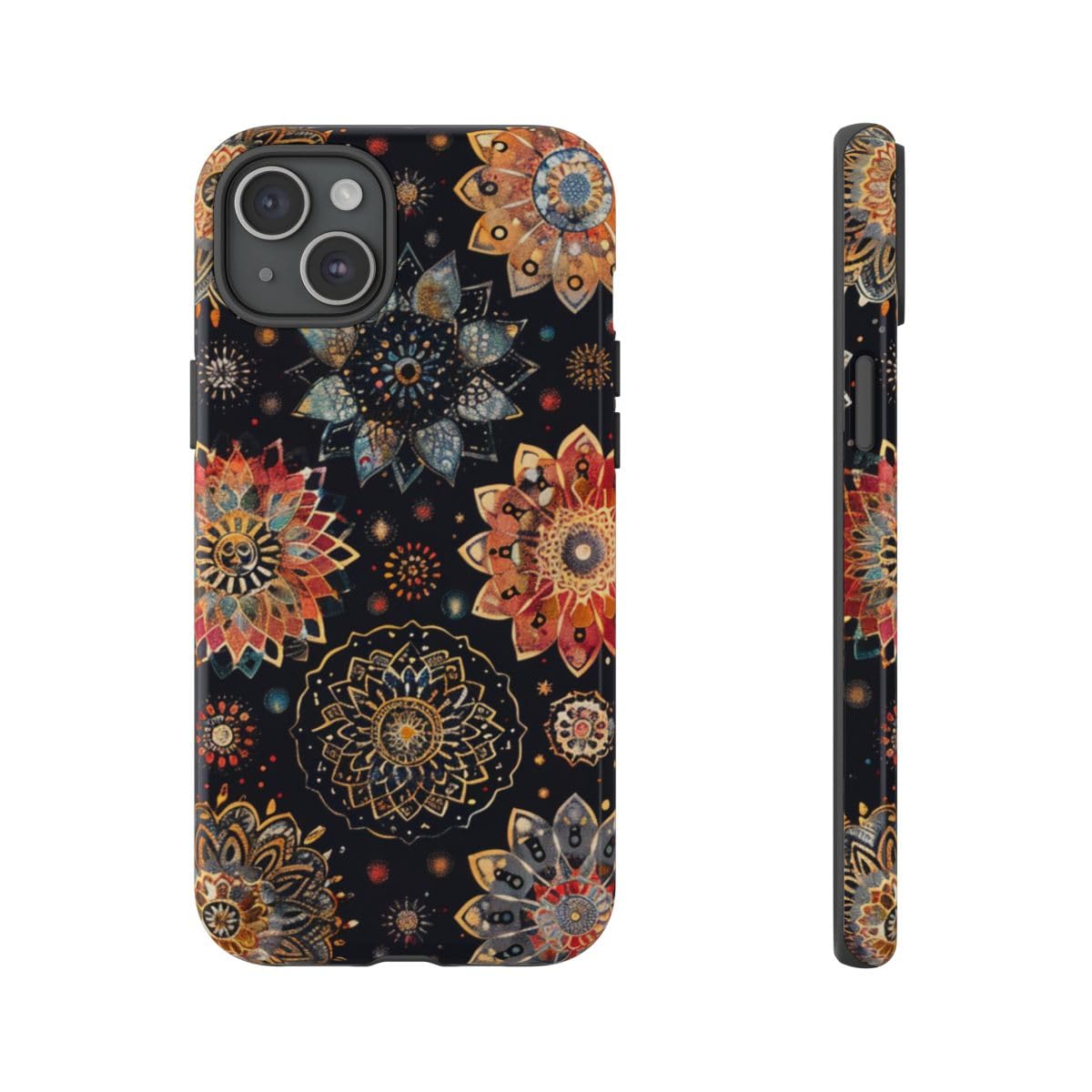 Coque iPhone 15 Plus rigide noire motif mandala coloré brillant pour smartphone