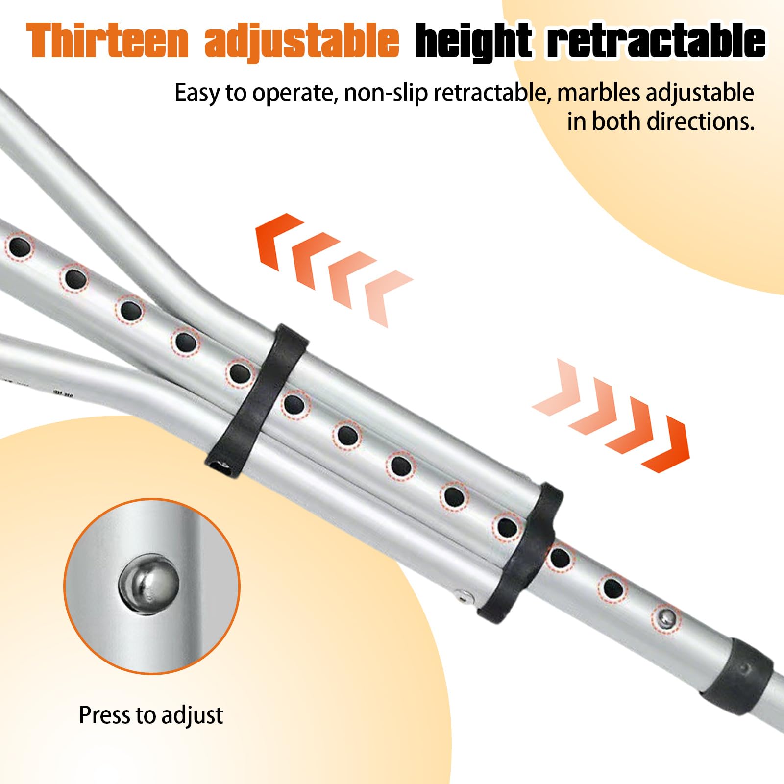 Support pour aisselles, réglable en hauteur sur 13 niveaux, charge maximale : 150 kg, hauteur réglable, en aluminium, avec coussinets souples, béquilles médicales, hauteur applicable : 135 à 195 cm