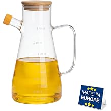 Hakan Glass Oil Dispenser for Kitchen | 30.5 oz Oil Bottle with Drop Free Spout | Vinegar Bottle with Bamboo Lid and Wide Mouth and Handle | Condiment Cruet for Salad Dressing, Cooking