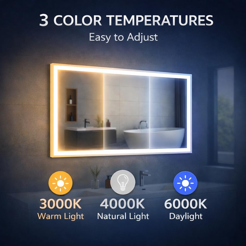 Espejo de Baño con Luz LED 80×60 cm. Espejo de baño Bluetooth y Anti-vaho – Iluminación Ajustable 3 Tonos, Espejo Moderno para Baño, Maquillaje y Aseo – Montaje Horizontal
