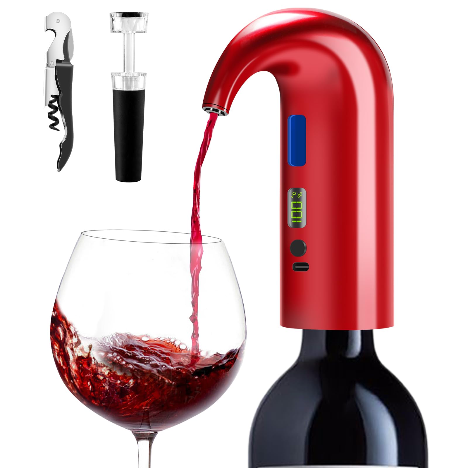 Aireador de vino eléctrico, decantador de vino automático de un solo toque para vino tinto y blanco, dispensador de vino, vertedor de vino, regalos de vino para amantes del vino (rojo)