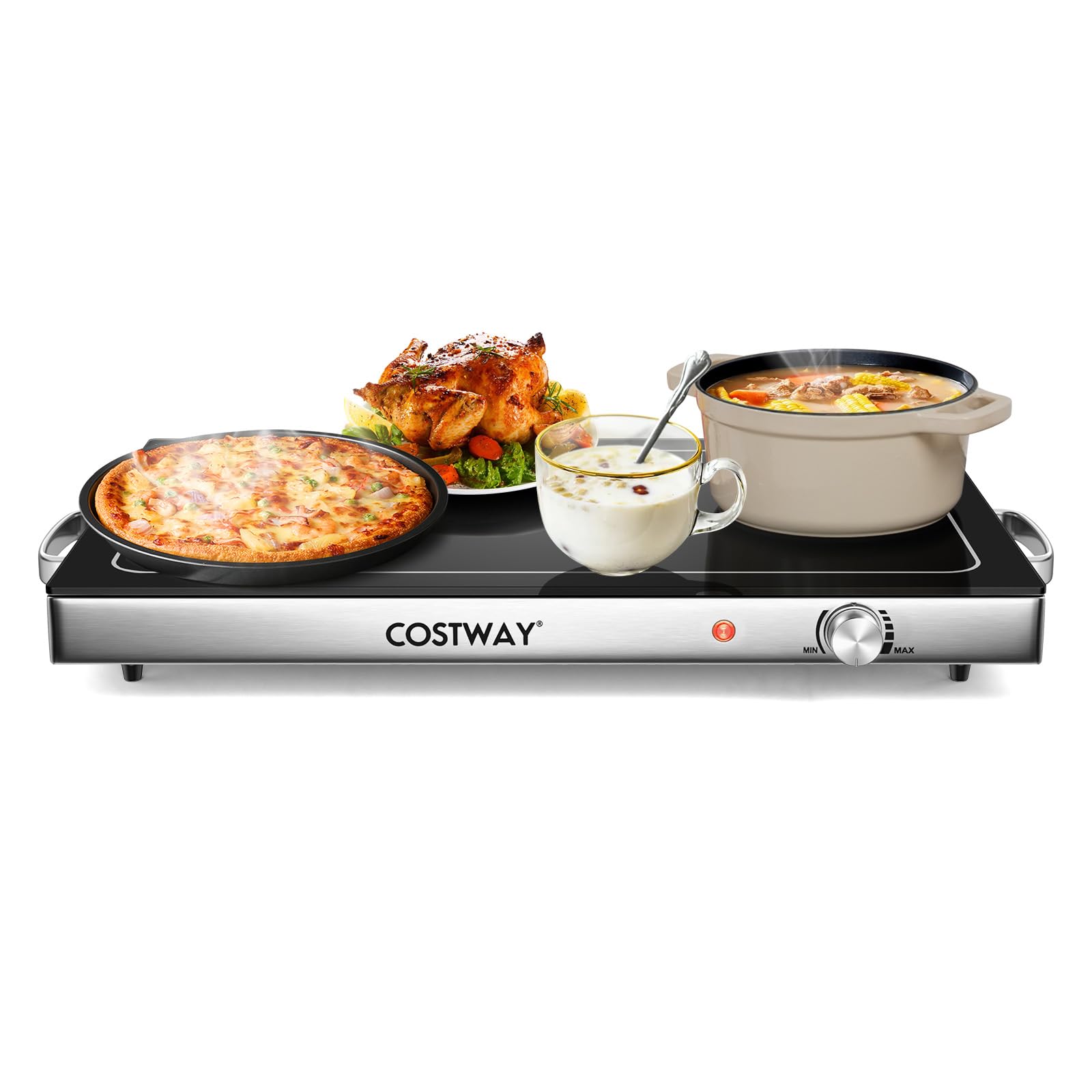 COSTWAY Calentador de Alimentos, Servidor de Buffet, Bandeja de Acero Inoxidable, Calentador de Comida con Tapa de Vidrio Resistente, Calentador de Platos, 300W, Temperatura Ajustable