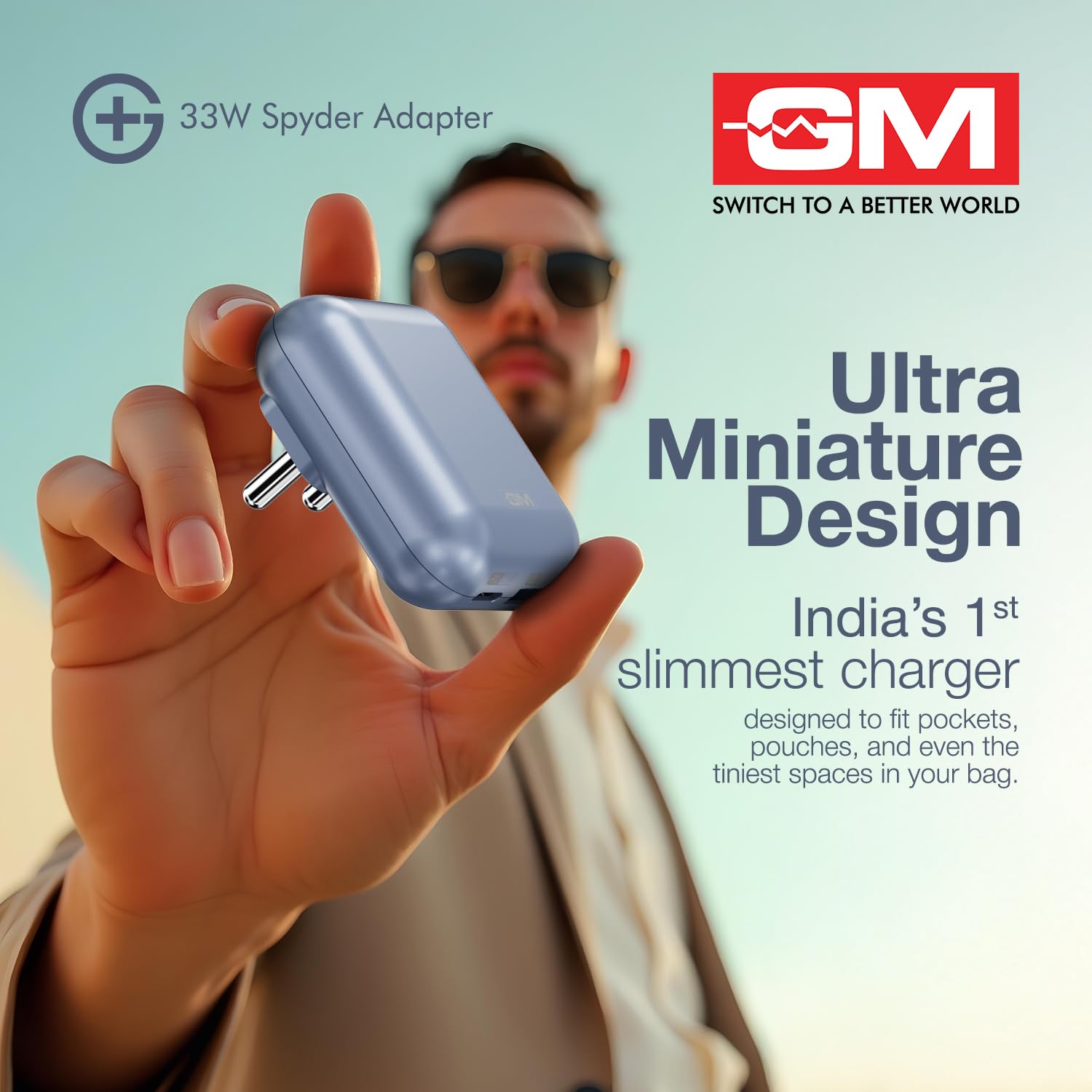 GM G+ 33W Spyder GaN Charger | Foldable Indian Pin | Travel Friendly | Type-C & USB-A Port | Advanced Protection for iPhone, Samsung, Pixel Series, Tablets, MacBook M1 |1 Year Warranty (Light Blue) — Amazon image 2