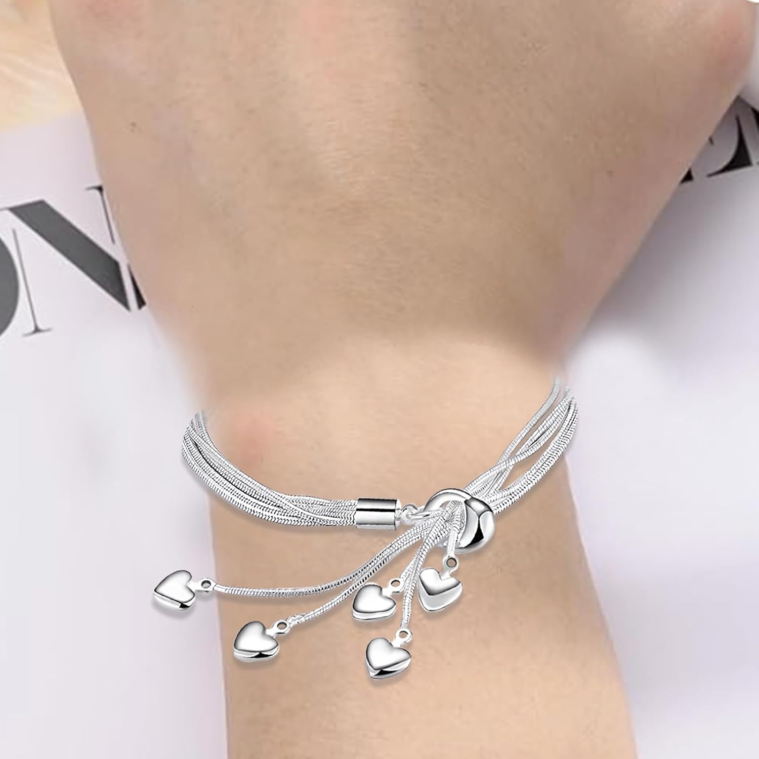 Copper 925 Silver Plated Five-Line Chain with Five-Heart Bracelet Bangle Fashion Love-Heart Tassel Link Chains Bracelets Jewelry for Women Teens Anniversary Wedding Gifts - Image 5