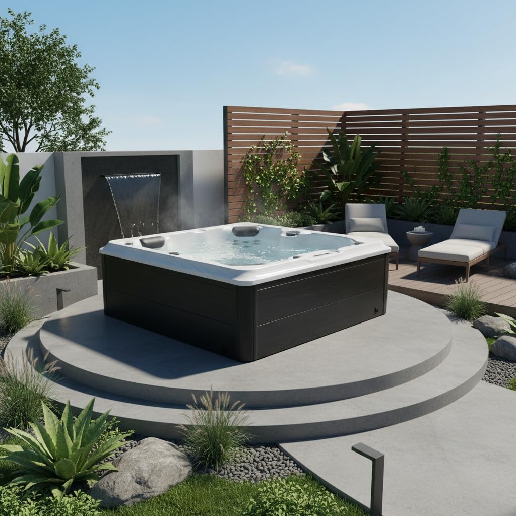 Jet-Line Whirlpool Outdoor Spa Villa Salome mit Balboa oder Gecko Steuerung Hot Tub für Garten Ganzjahrespool mit Heizung LED Verkleidung 2100 x 1600 x 790 mm Grau