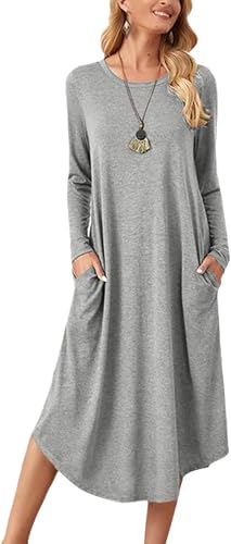 Lounge Dress for Women Long Sleeve Nightgown Midi Long Dress Loose Casual Side Slit Dresses Pocket