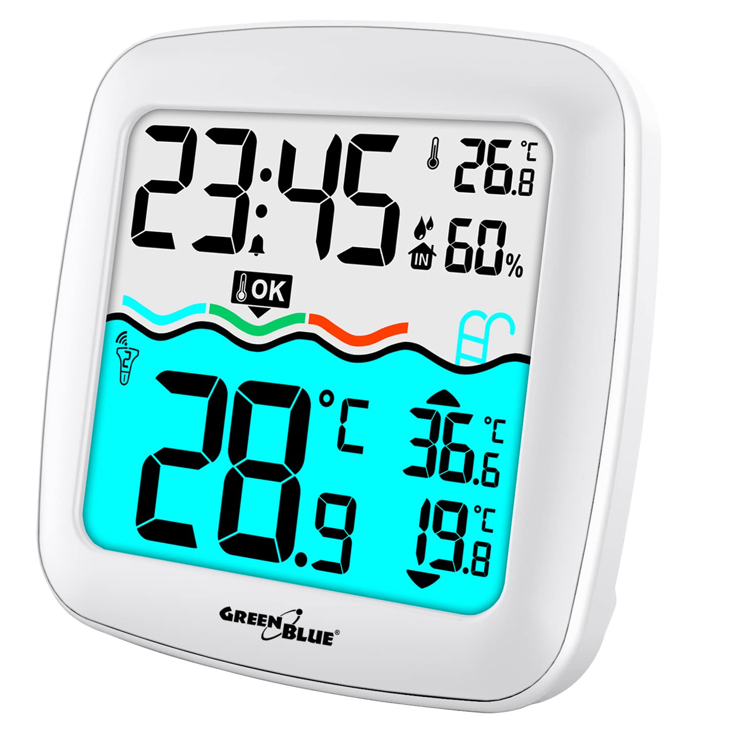 GreenBlue GB216 Stacja Pogodowa z Termomometrem Basenowym Zasięg 60m Czujnik Pływający Temperatura Godzina Kalendarz DCF