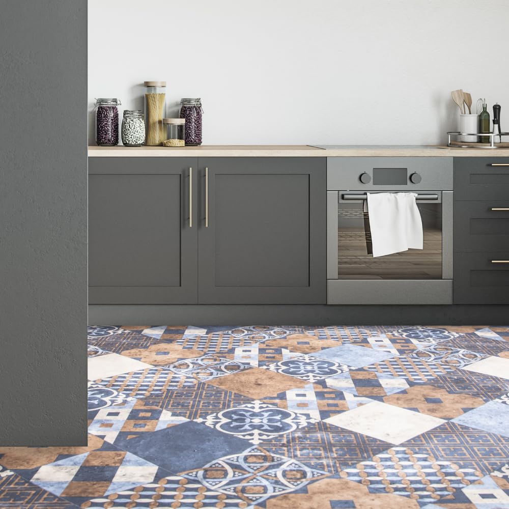 FloorPro Spanish Mosaic Tile Design Vinyl Roll Flooring Quirky Modern Pattern Cushioned Bathroom Kitchen Lino Flooring Bright Moroccan Style (1, 3metres x 2metres (9ft 10" x 6ft 6"))