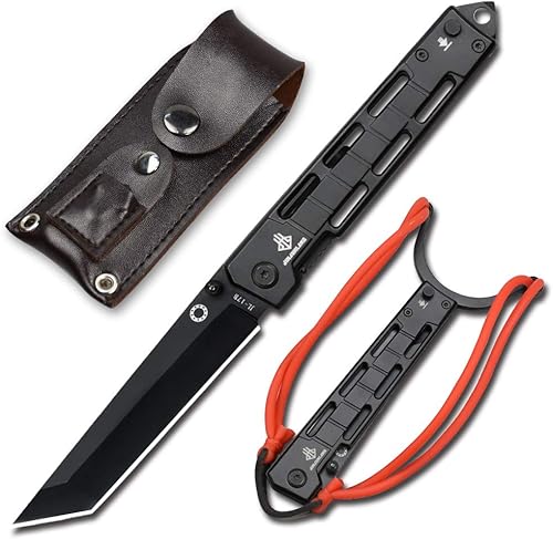 NedFoss Cuchillo EDC de 8 pulgadas con tiracha, hoja de acero inoxidable con revestimiento de óxido negro, cuchillo de bolsillo abierto para acampar