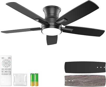 YUHAO 42 Inch Flush Mount Black Ceiling Fan with Light and Remote Control.Noiseless,Dimmable,3CCT,6 Speeds Reversible, Low Profile DC Ceiling Fans for Indoor or Covered Outdoor Use,ETL Listed