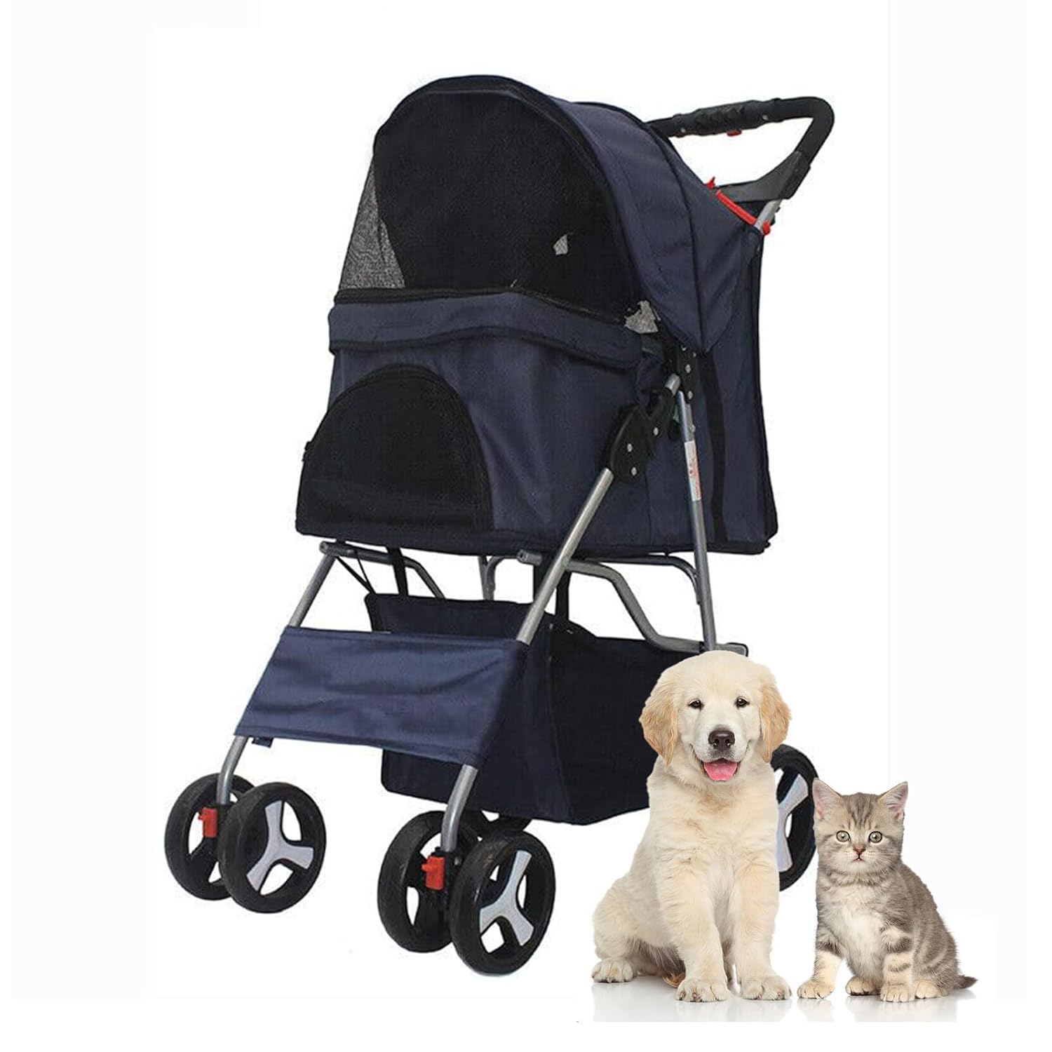 Pet Stroller 4 Wheels, Multifunction Dog Cat Jogger, Folding Lightweight Travel Stroller with Detachable Carrier & Cup Holder for Small/Medium Dogs and Cats, Navy Blue
