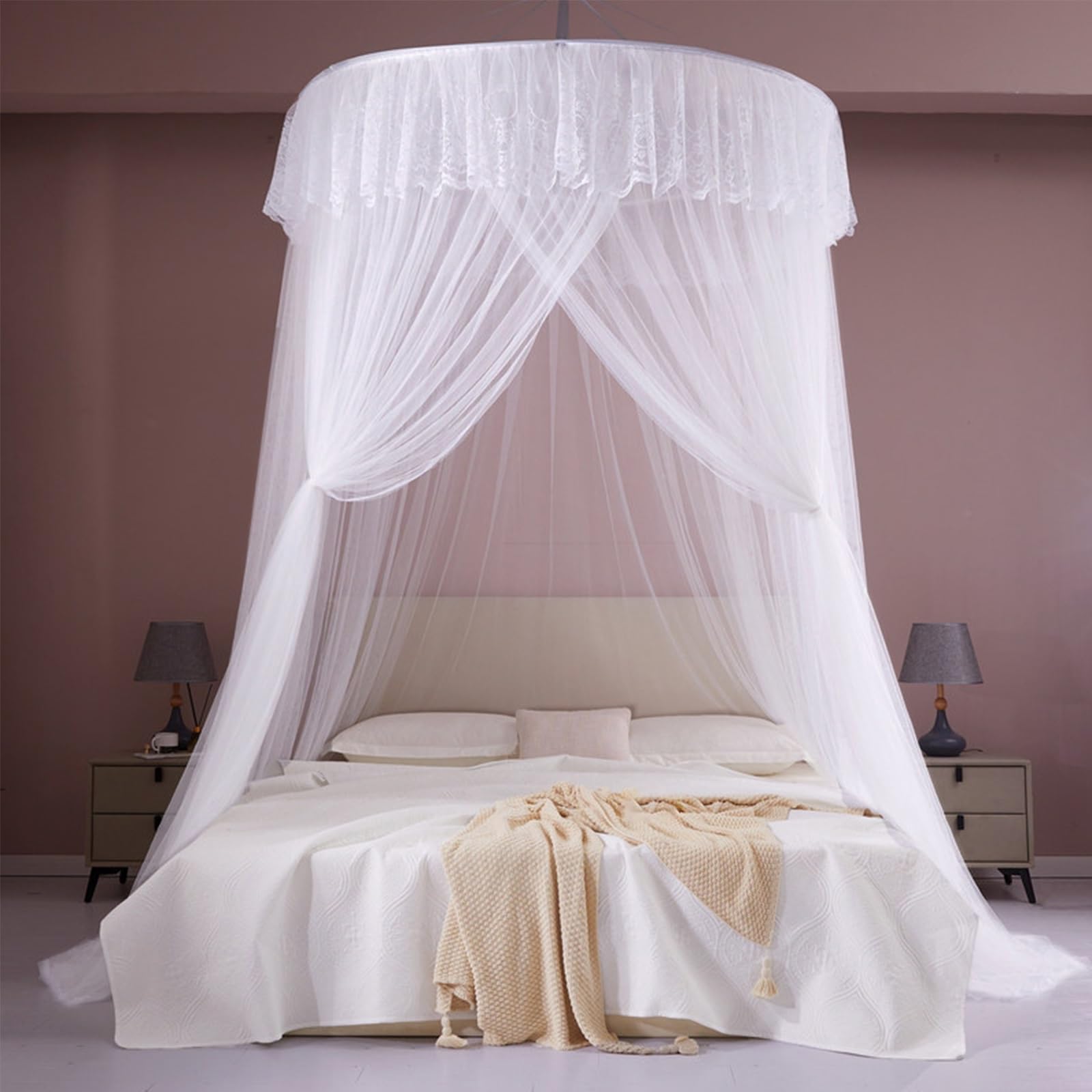 SARKEY Round Dome Canopy Bed Curtain,Floor-standing Mosquito Net,Large Space,Romantic,Unique Play Tent Mesh Canopies Lace Drapes Home,For Adults Bedroom(White)