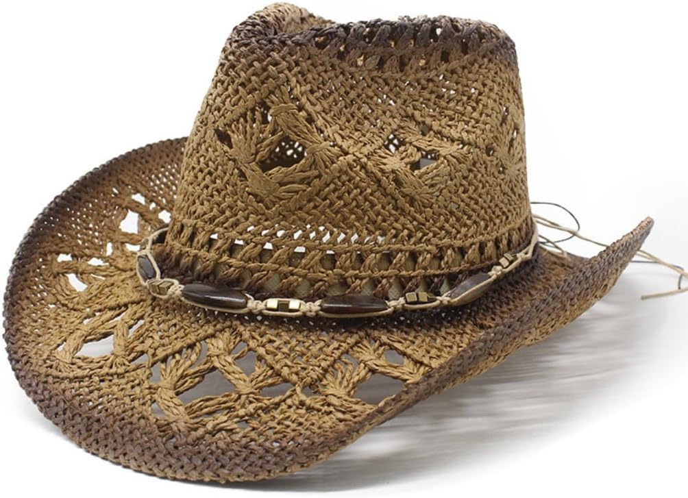 Western Straw Cowboy Hat with Beaded Band, Hollow Weave Design, Brown