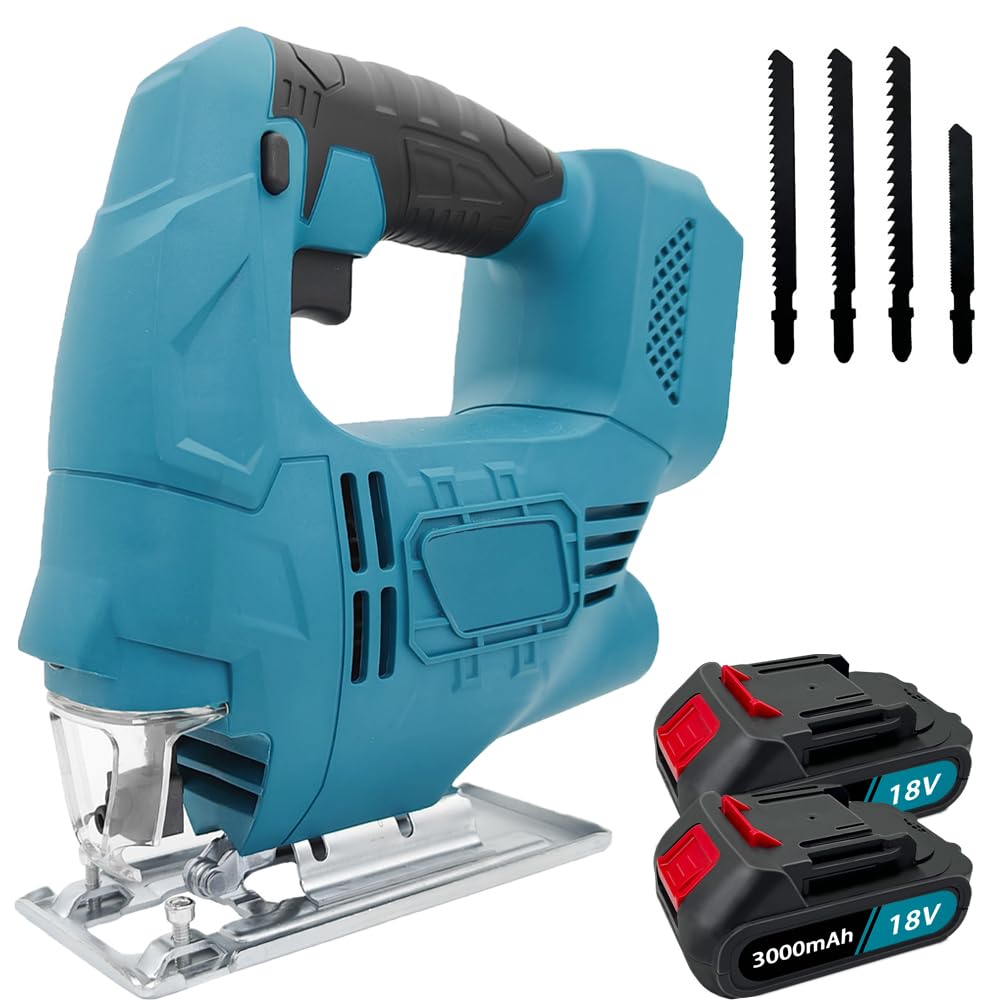 Akku Stichsäge Bürstenlos mit 2x 3,0Ah Akkus und Ladegerät, Ersatz für Makita DJV180Z, Arretierung und stufenlosem Geschwindigkeitsschalter, Schneller Blattwechsel für Holz, PVC, Sperrholz und Metall