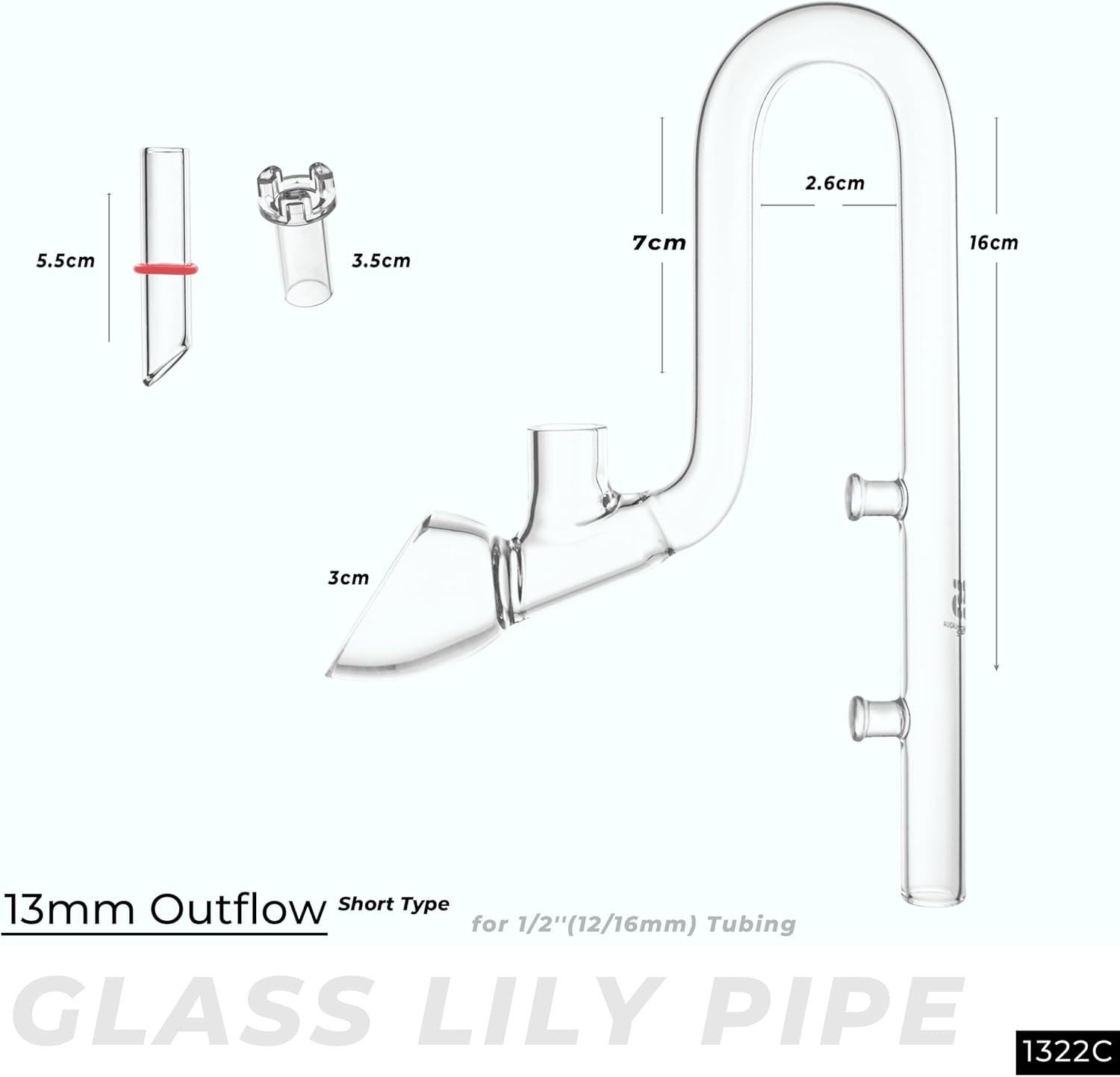 Aquarium Glass Lily Pipe for Fish Tank Canister Filter,Unique Outflow Surface Skimmer,Ideal for Shallow Fish Tank,1/2''(12/16mm) Tubing,C-Type Outflow 13mm/mini,Item No.1322C.