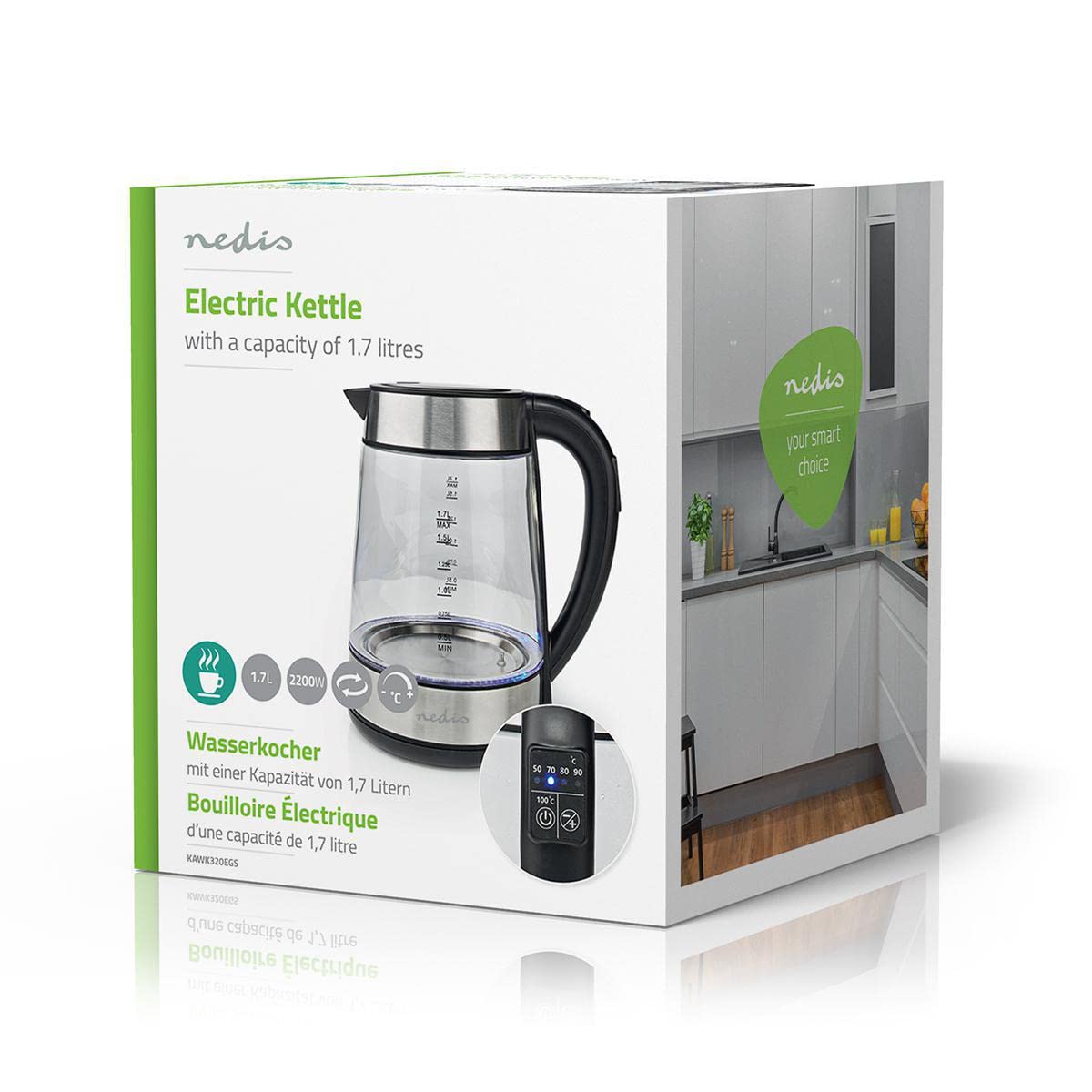 Nedis KAWK320EGS Bollitore in Vetro – 1,7 L – 2200 W – 5 Livelli di temperatura – Illuminazione LED – Acciaio Inox