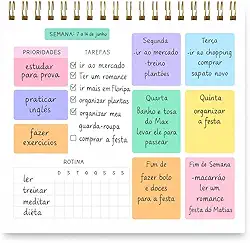 Planner Semanal Colorido com 50 Folhas, Espiral Dourado, Organizador Pessoal com Seções para Prioridades, Tarefas e Rotina