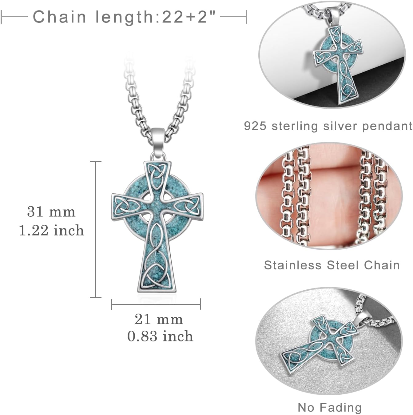 Celtic Cross Necklace for Men 925 Sterling Silver Turquoise Cross Necklace Religious Amulet Jewelry Gifts for Men Women - Image 4