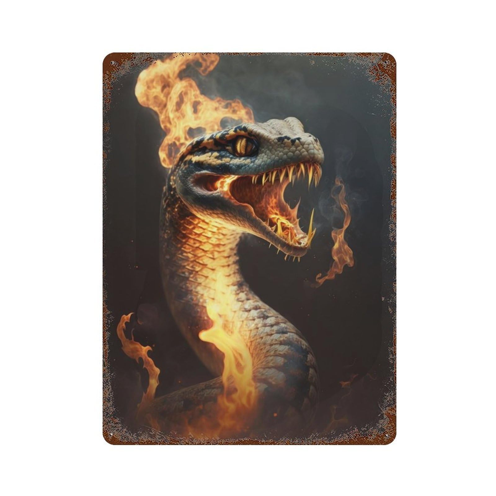 Snake with Fire Rustic Tin Plaque 15.7"x11.8", Ideal for Shed, Workshop And Garage Wall Decor