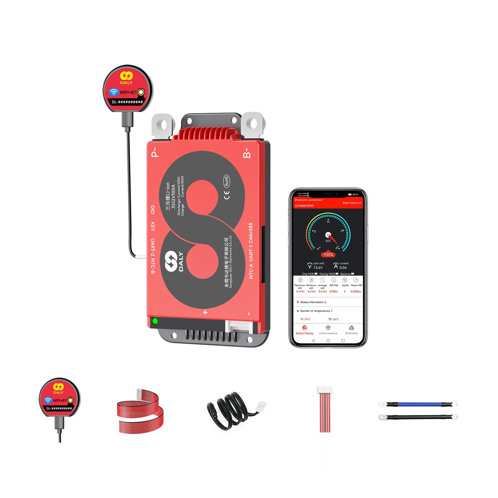 DALY Smart 3S BMS 12V 100A mit WiFi Modul und CAN 485 Kommunikationsschutzplatine für Li-ion Lithium Akkupack(3S 12V Smart BMS+RS485+CAN+WiFi Modul，100A)