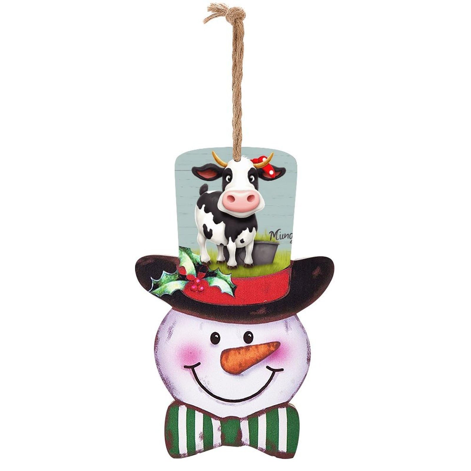 Cute Cow Snowman Decor Christmas Snowmans Hanging Decors Wooden Exquisite Holiday Decoration Sign for Home Window Wall Farmhouse Indoor Outdoo