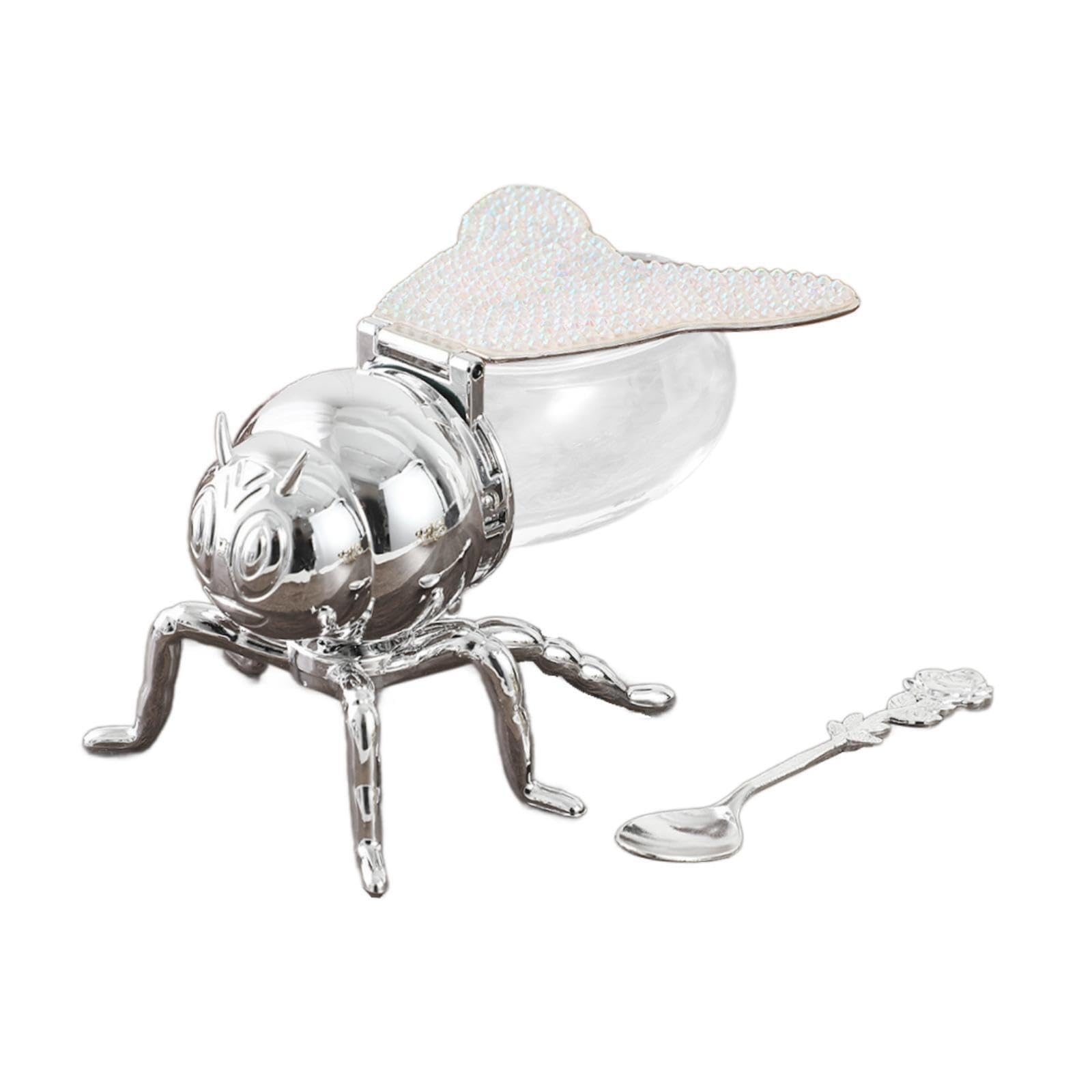 Yixannx Silver Captivating Bee Honey Jar With Spoon Unique Sugar Pots Container Spice Organization In Kitchen Cute Bees Honeys Jar Sugar Bowl Bee Seasoning, 10X15x8.5cm