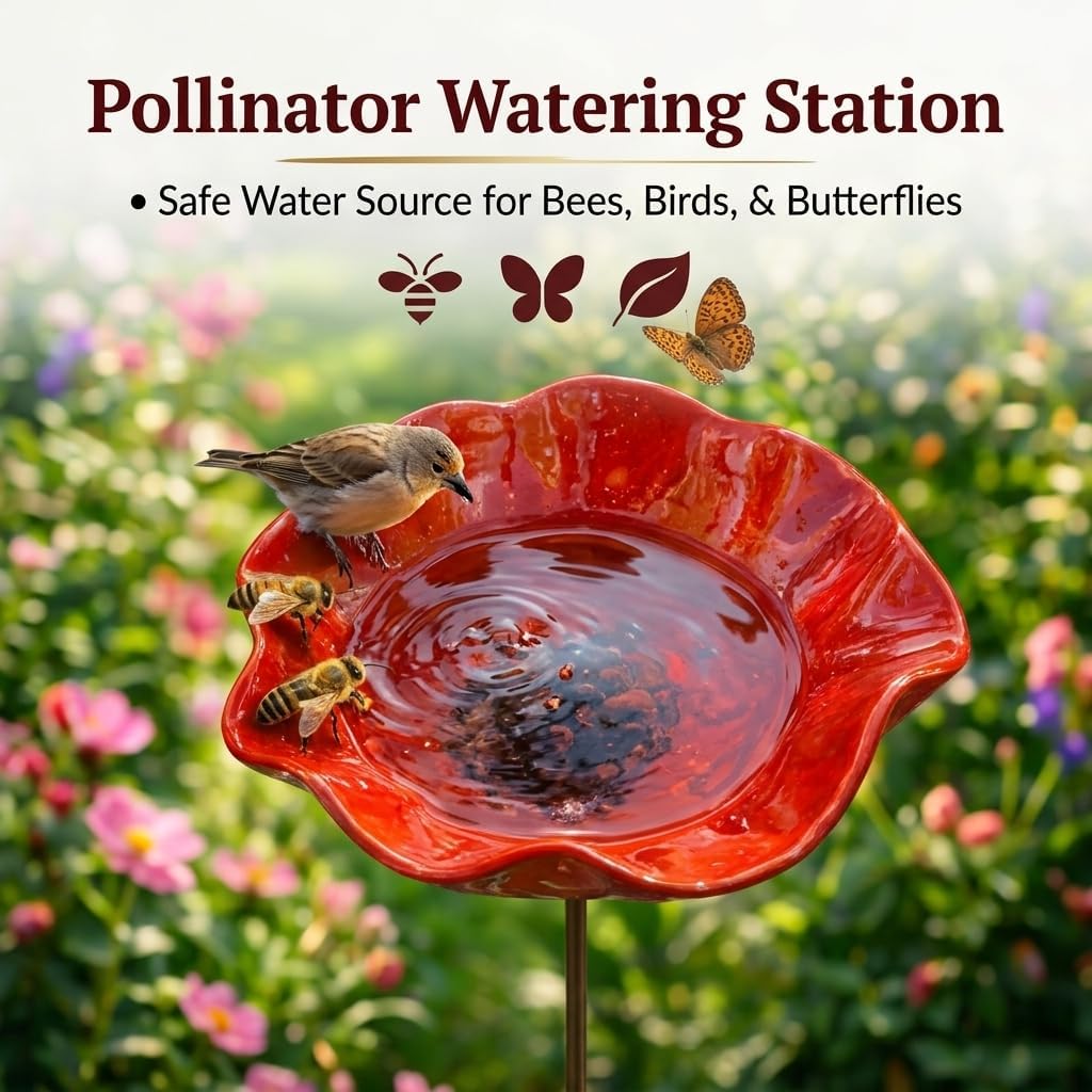 Handmade Metal Flower Garden Stake – Bird Bath & Bee Watering Station for Outdoor, Rustic Butterfly Feeder with Stake for Yard Decor (3)