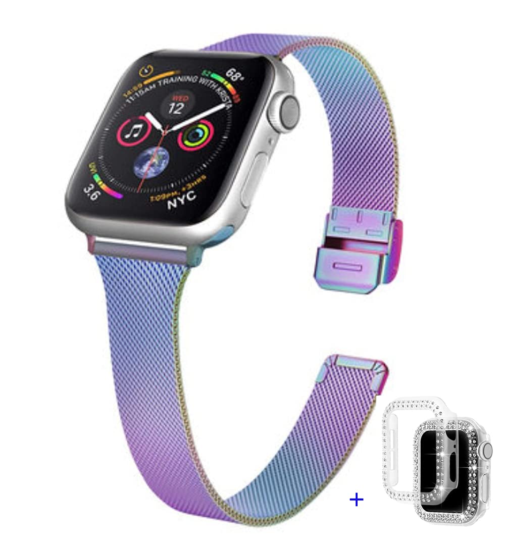 Compatible with Apple Watch 38mm 40mm 42mm 44mm Stainless Steel Mesh Loop With Bling Protective Crystal Diamond Case,Adjustable Stainless Steel Mesh Wristband Sport Loop for iWatch Series 6/5/4/