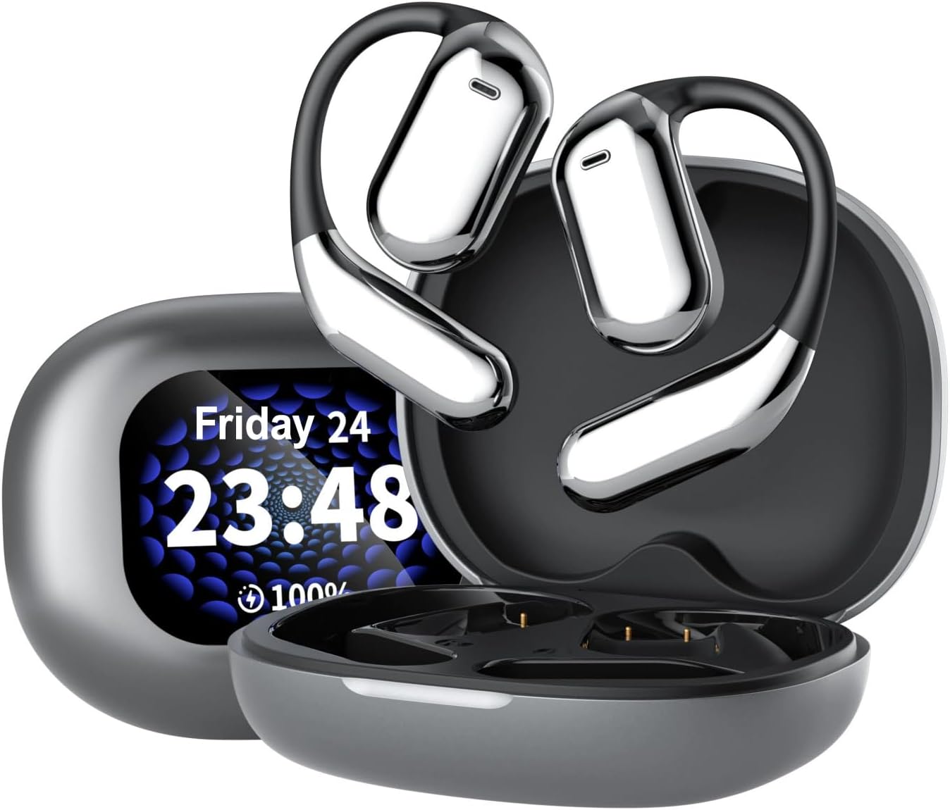 Intelligent Touch Screen Open Bluetooth Earphones, Over The Ear Earbuds, Wireless Open Ear Earbuds Bluetooth 5.4, Open Ear Headphones with LCD Display, IPX5 Waterproof for Sport Running (Black)