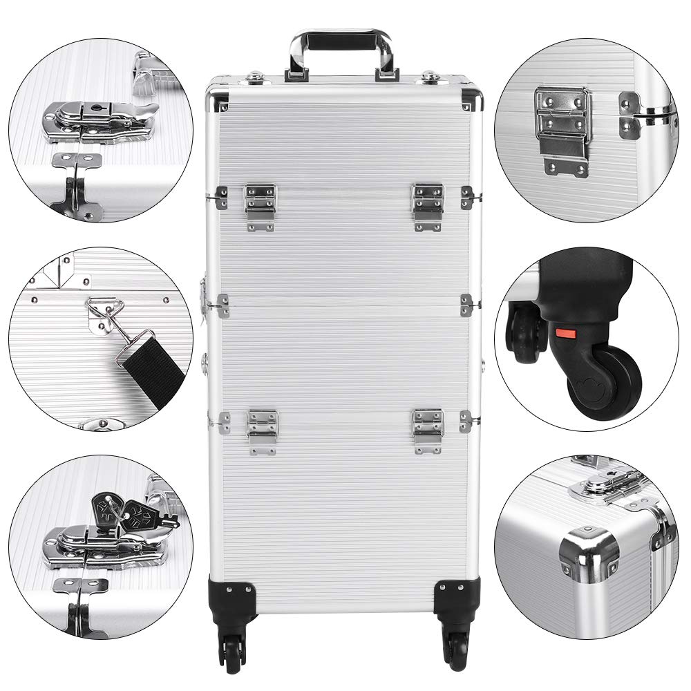Henf Rolling Train Case 3 in 1 Artist Cosmetic Makeup Case Trolley, Professional Lockable Aluminum Cosmetic Organizer Makeup Traveling case with Wheels and Telescopic Handle, Silver