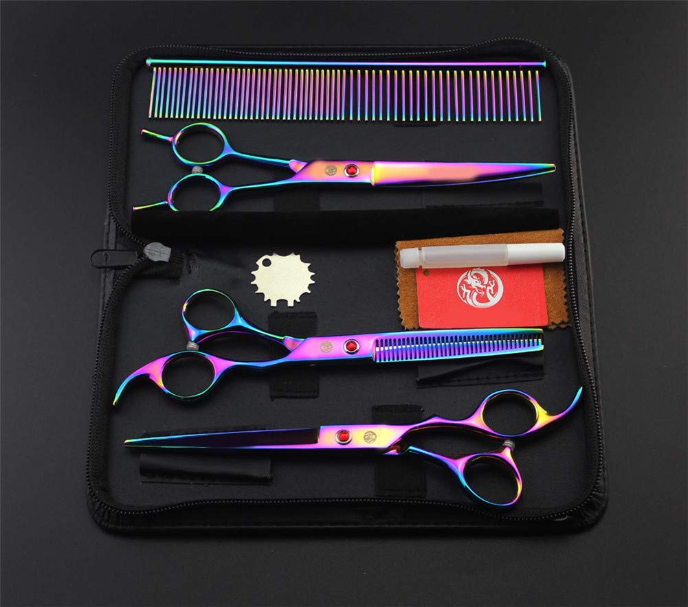Professional Pet Grooming Scissors 3 Set,Colorful plating 7 inches Stainless Steel Pet Dog Cat Scissor Suit Suit Provided With Curved Thinning Shear and Steel Grooming Comb Set