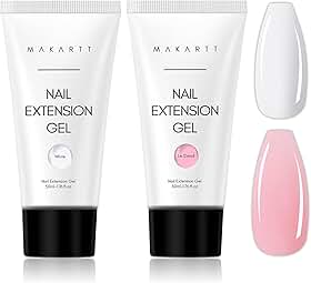 Makartt Kit de gel de poli unhas, 2 peças, kit de unhas de gel de extensão de poliéster de 50 ml, branco e rosa, construtor de gel para extensão de unhas de design francês, aparência natural