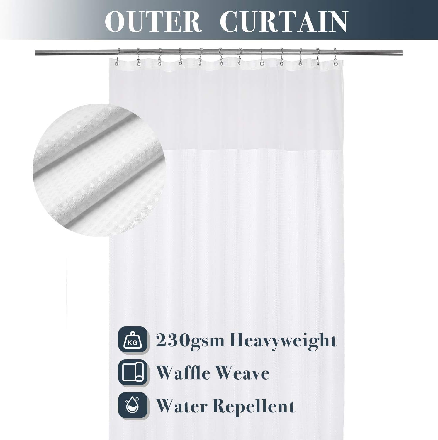 N&Y HOME Long Waffle Weave Shower Curtain 75 Inch Length with Snap-in Fabric Liner & Metal Hooks Set - Hotel Style, Waterproof & Washable, Heavyweight Fabric & Mesh Top Window - 71x75, White White 71"W x 75"L (Pack of 1)