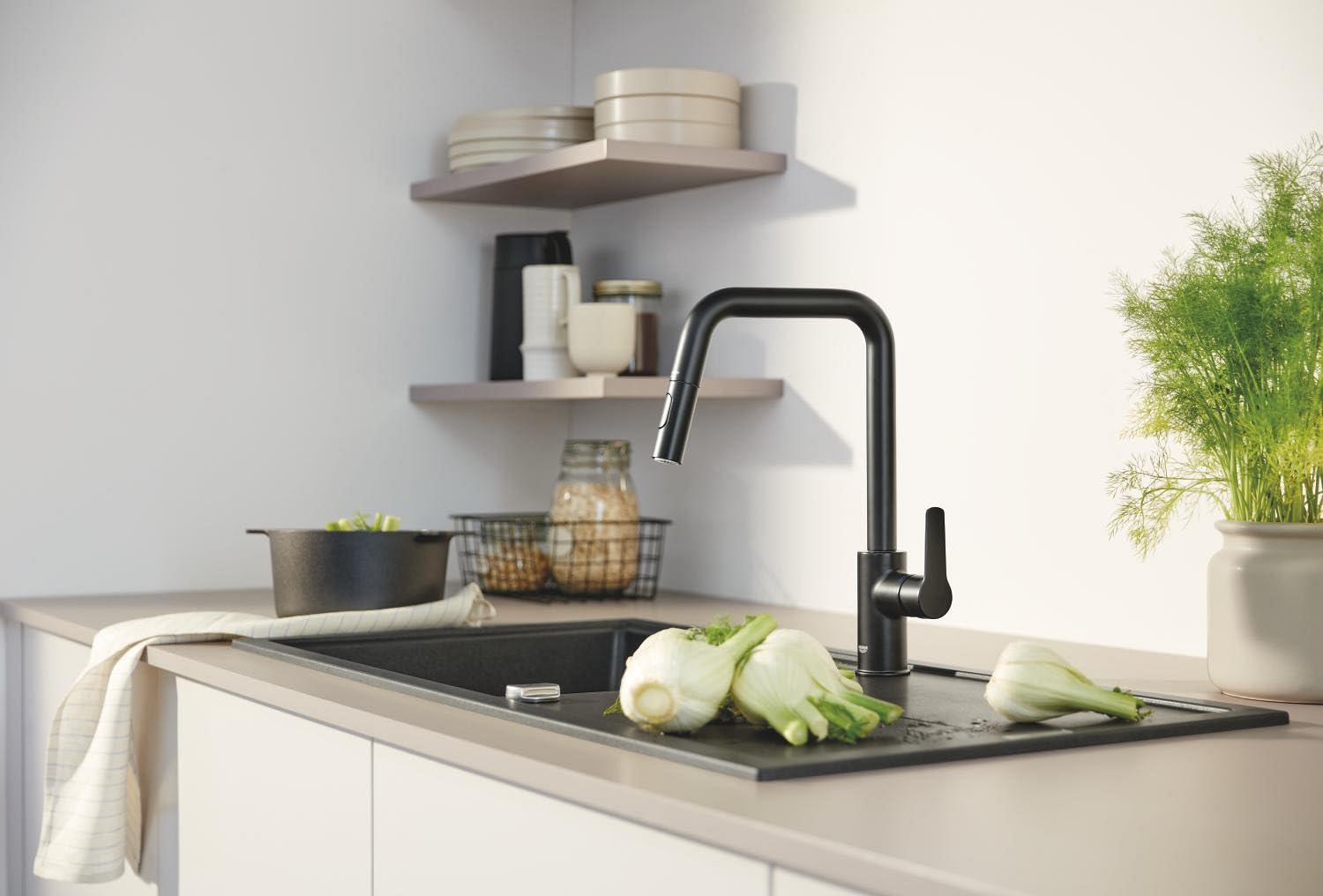 GROHE Start, Grifo cocina 2 chorros (ducha extraíble, 360°, ahorro agua caudal variable, montaje sin herramientas), negro, 306312430