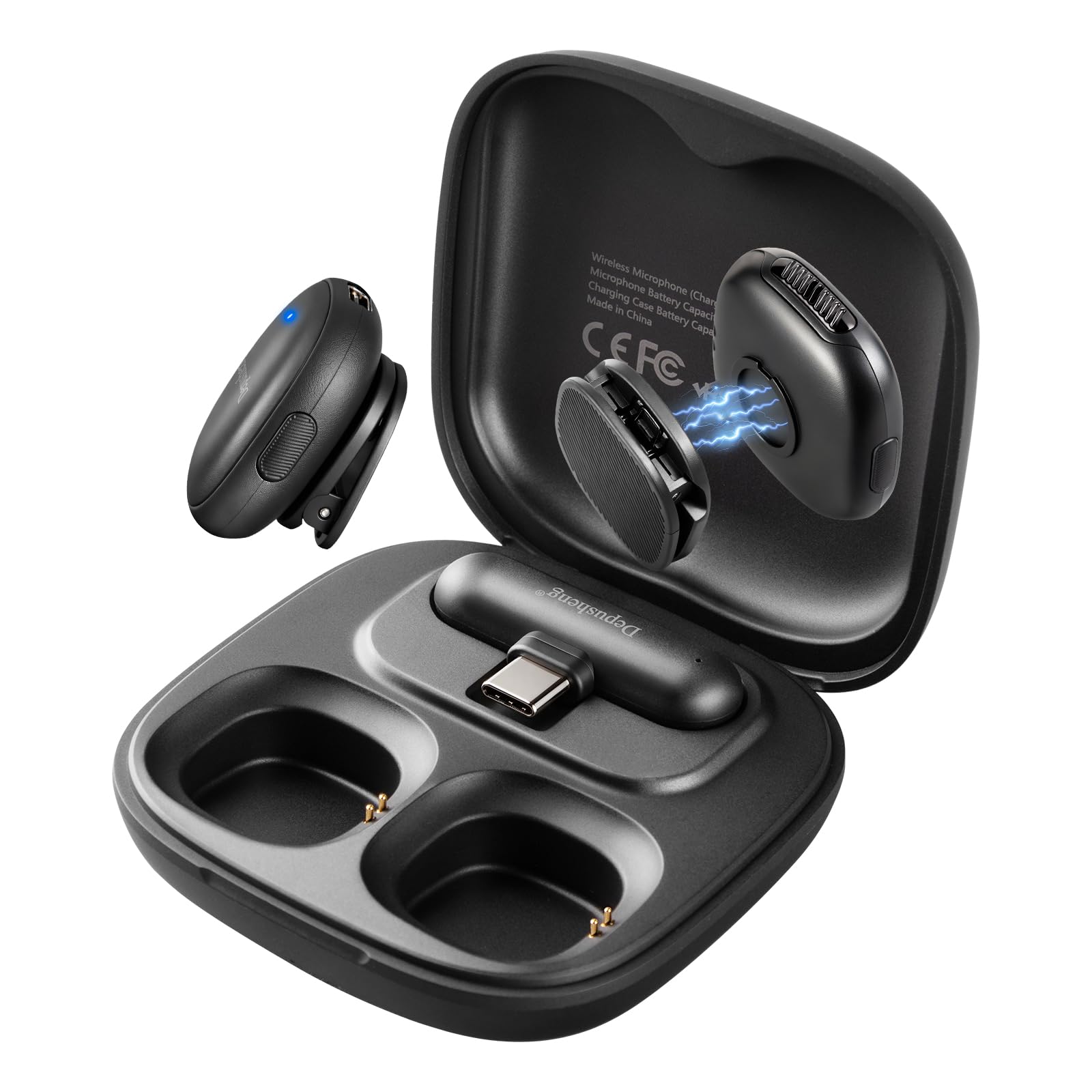 Depusheng V2 Lot de 2 microphones Lavalier sans fil pour iPhone, iPad et Android avec étui de charge, 8 heures d'autonomie, microphone à clipser pour enregistrement vidéo, vlogging, YouTube