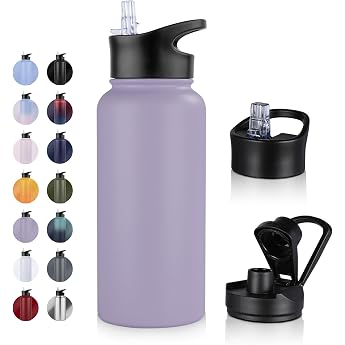 Stainless Steel Drinking Bottle   1 Litre   with Straw Leak-Proof Suitable for Carbonated Drinks BPA-Free Thermos Bottle + 2 Lids Vacuum Double Wall Insulation for Sports Travel Camping School Bicycle Gym