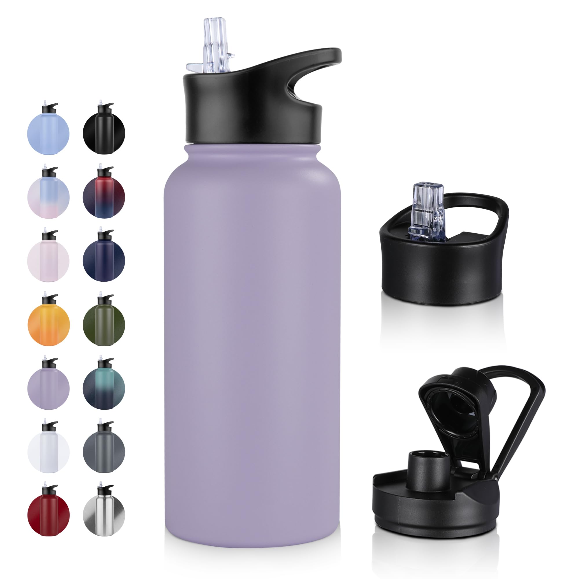 UMBFUN Insulated Water Bottle - 1L 2 Lids (Straw Lid and Spout Lid) - with Straw,Stainless Steel Double-Walled Insulated Vacuum Leakproof,BPA Free,Drink Flask for Travel Sports Gym Camping Hiking