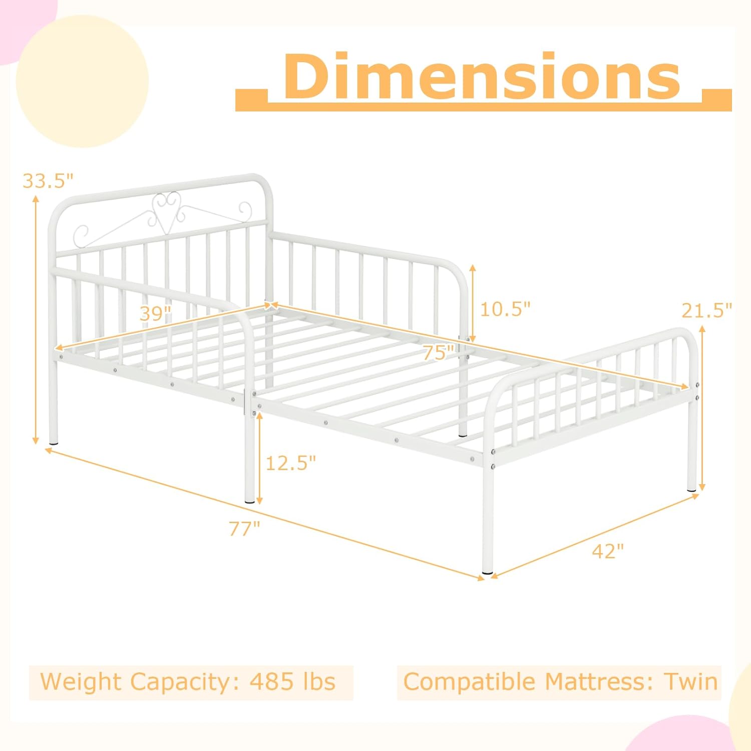 Giantex Metal Twin Bed Frames for Kids, Heavy Duty Metal Platform Bed Frame with Headboard & Safety Guardrails, Modern Toddler Bed with Slat Support for Girls Boys, No Box Spring Needed (White)