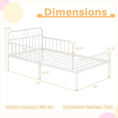 Miniatura 2 de Giantex Marco de cama de metal individual para niños, marco de cama de plataforma de metal resistente con cabecera y barandillas de seguridad, cama