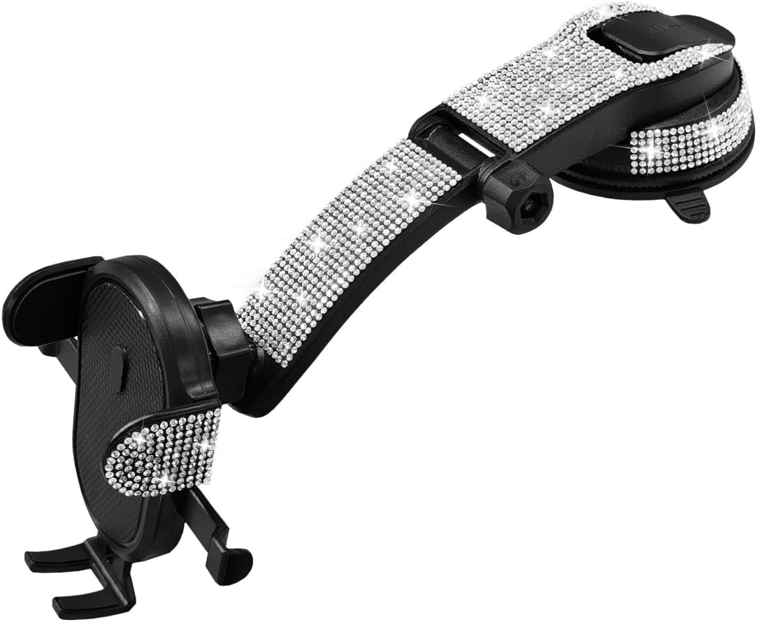 YoRise Bling Car Phone Holder, Rhinestone 360° Rotatable Auto Smartphone Stand with Adjustable Arm & Suction Cup Base, Vehicle Cellphone Bracket for Most Cars Windshield & Dashboard (White)