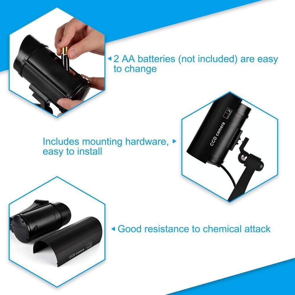 ATTA Telecamera di sicurezza falsa, Bullet Dummy Security Camera Sistema di sorveglianza con realistiche luci rosse lampeggianti per interni ed esterni per casa e affari (4, nero)