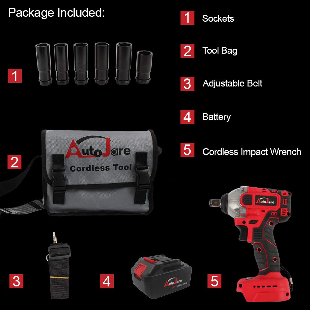 AUTOJARE Cordless Impact Wrench Kit 1/2 inch,Electric Powerful