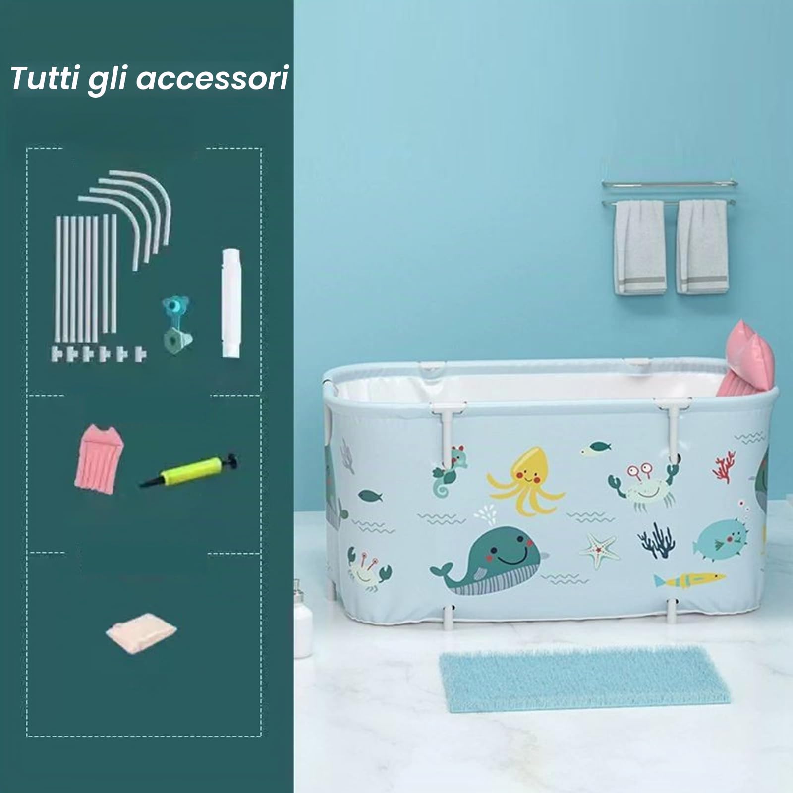 Vasca da bagno pieghevole per adulti, 140X50X55cm Vasca da bagno portatile con cuscino e schienale, vasca da bagno SPA per doccia, vasca da bagno pieghevole indipendente per adulti e bambini, stile