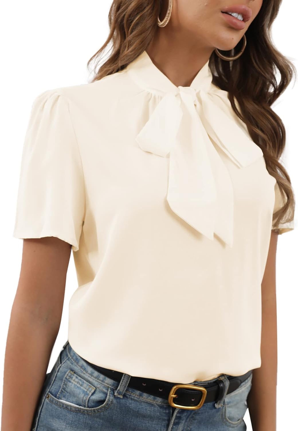 Rooscier Women's Bow Tie Knot Mock Neck Short Sleeve Elegant Workwear Blouse Shirt Top - Image 3