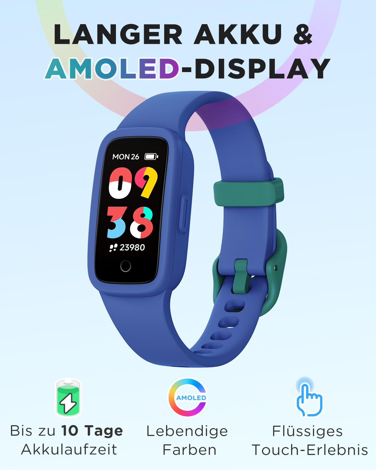 BIGGERFIVE Vigor 3 Kinder Fitness Armband Uhr mit AMOLED Display ohne App & ohne Smartphone, 3ATM wasserdicht, Pulsuhr, Schlaftracker Fitnessuhr, Sportuhr Schrittzähler für Kinder 5-12 Jahre, Blau