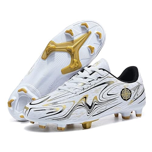Mateju - Mateju Chaussures de Football Enfant Crampons Garçon Homme Spike Chaussures pour Extérieur Intérieur Athlétisme Entraînement Sports, Blanc Or, 31 EU