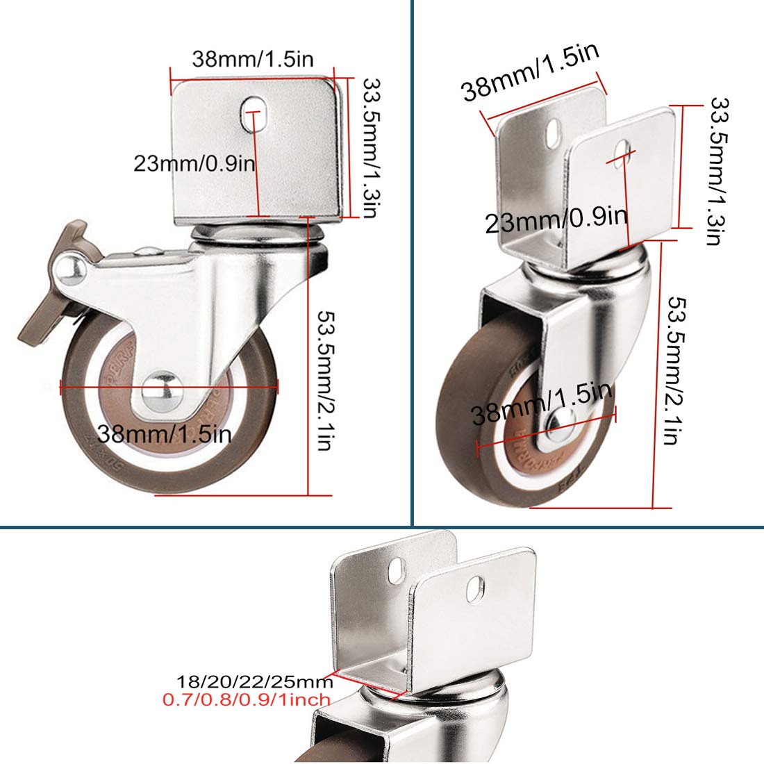 Ruote girevoli da 38 mm con Piastra Girevole, 360°, Ruote in Gomma TPE con Doppi Cuscinetti, capacità di carico di 75 kg, Staffa a U, Set da 4 Pezzi con Freni, perfette per mobili e progetti