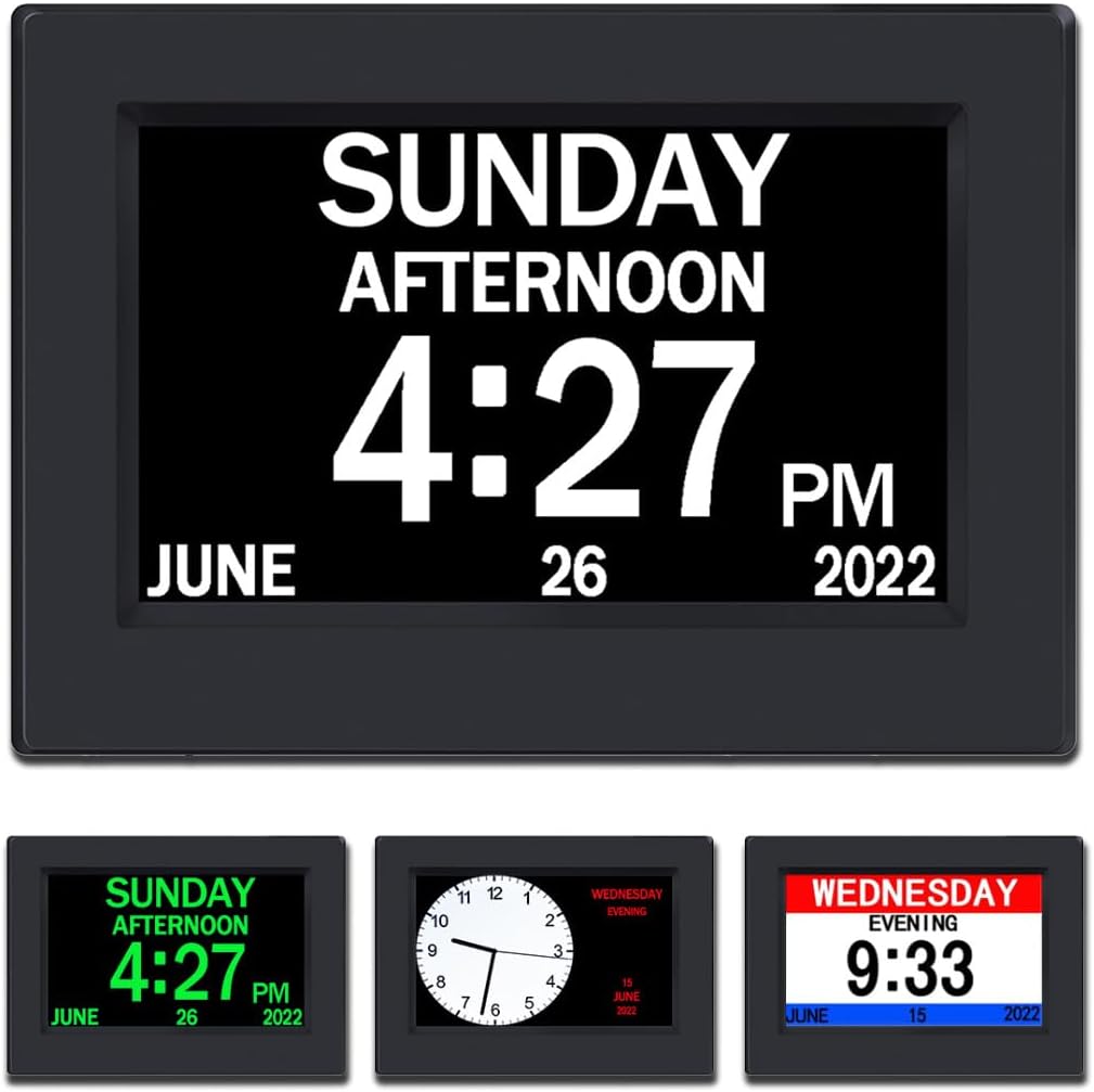 AINFTIME DST Clock with Day and Date for Elderly-3 Display Digital Calendar Alarm Day Dementia Alzheimers Clock with Extra Large Display (7in Black)